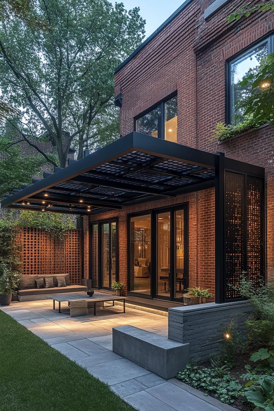 A modern patio with brick walls and glass doors