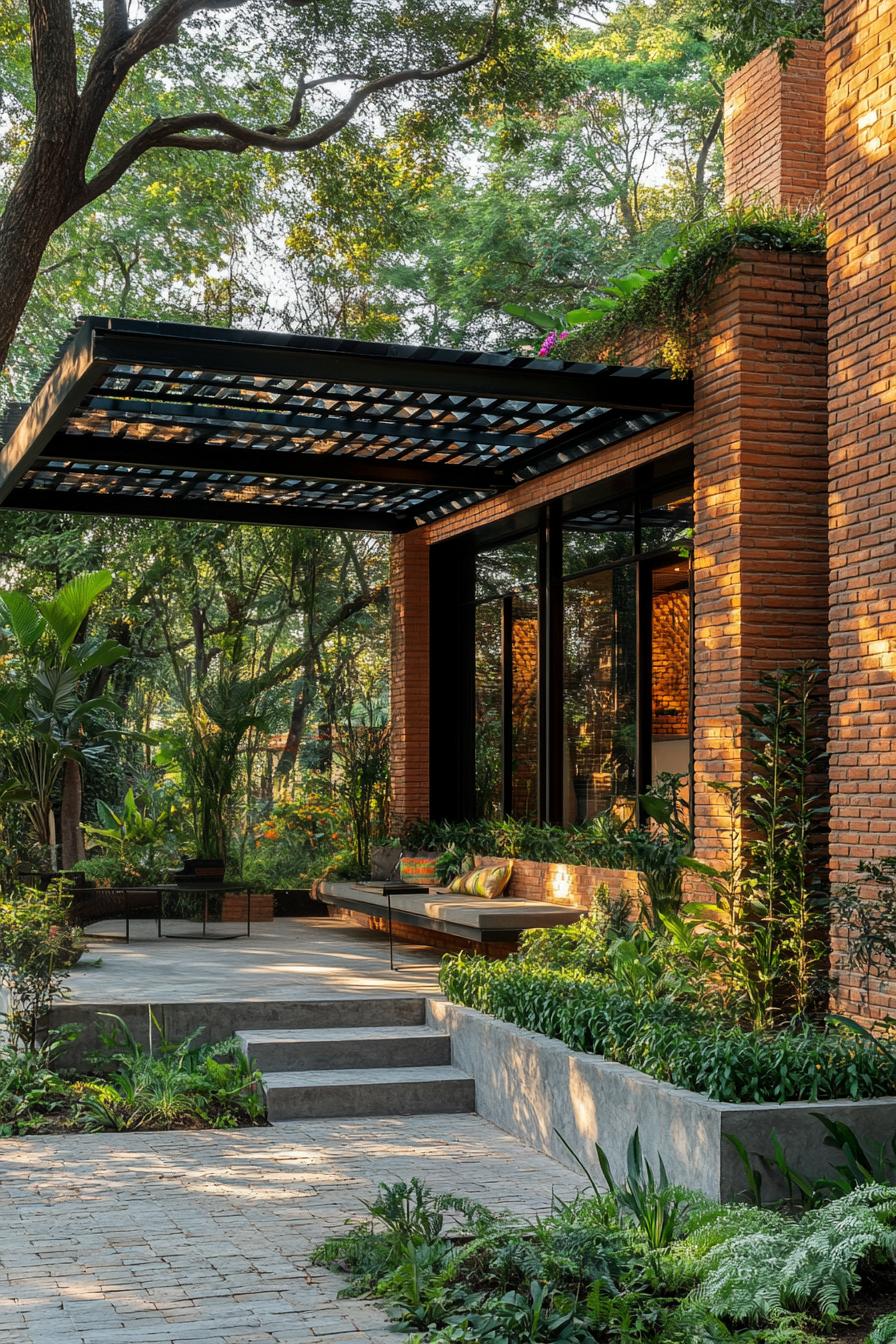 Brick house with a lush garden and metal pergola