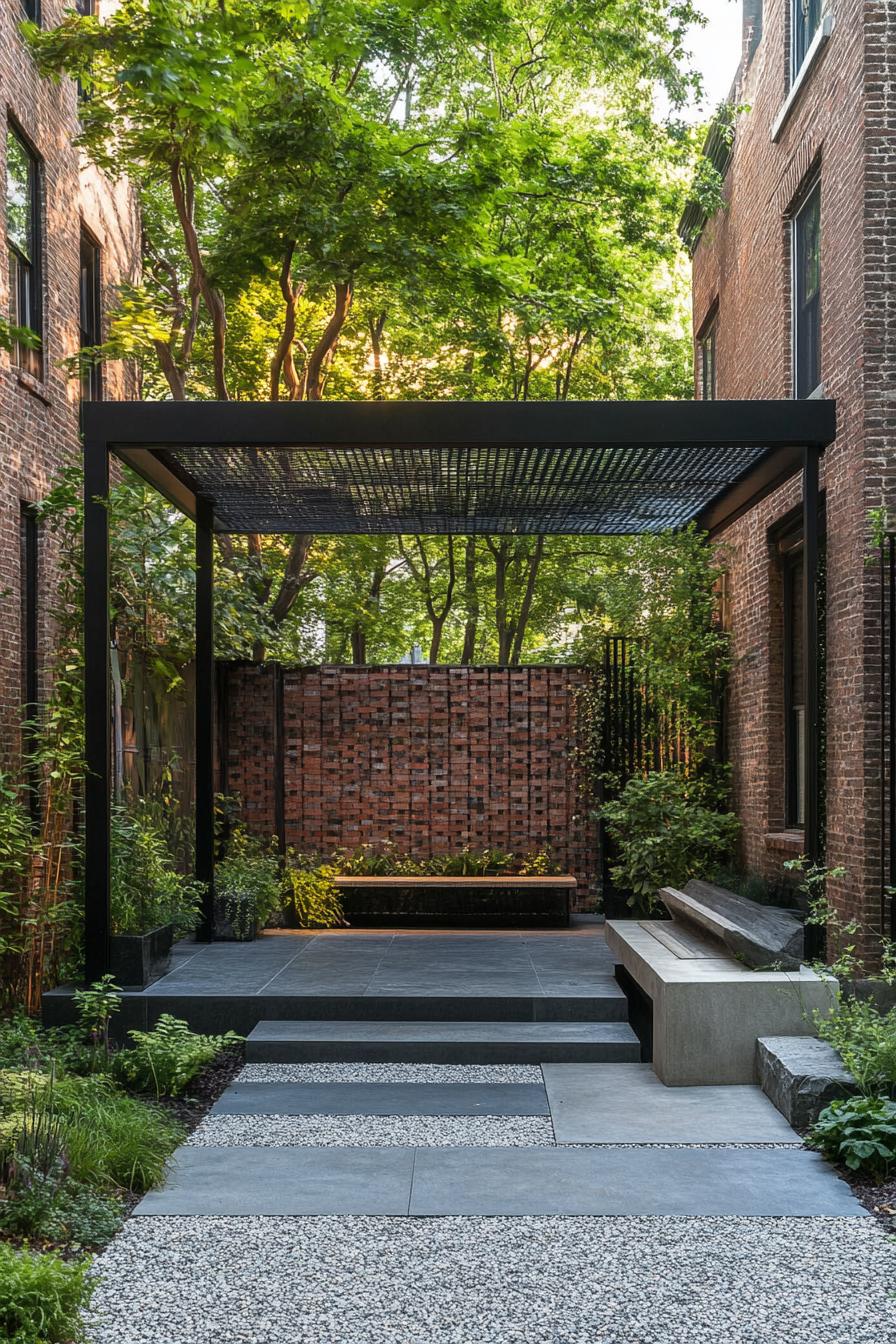 Secluded brick courtyard with a modern canopy