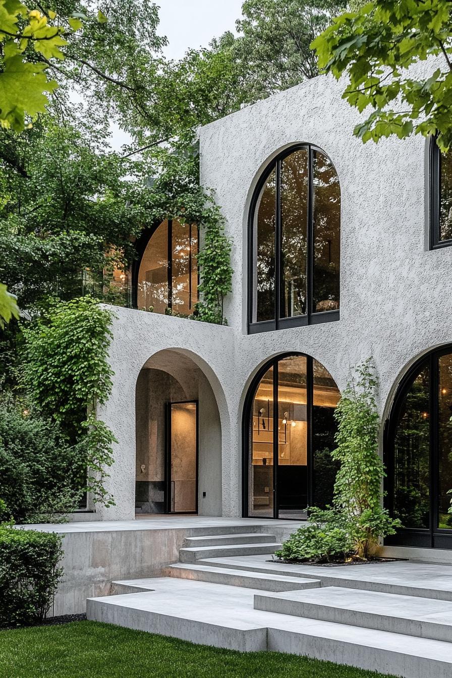 modern concrete villa with white stucco siding front arched windows and entryway vines on arches large modern windows in black trim front concrete 1