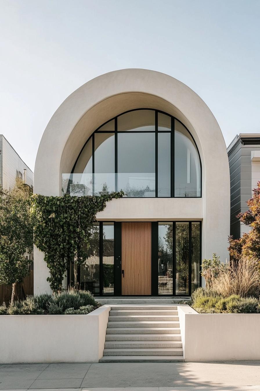 modern concrete villa with white stucco siding front arched windows and entryway vines on arches large modern windows in black trim front concrete 2