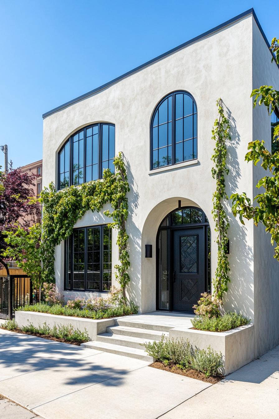 modern concrete villa with white stucco siding front arched windows and entryway vines on arches large modern windows in black trim front concrete 3