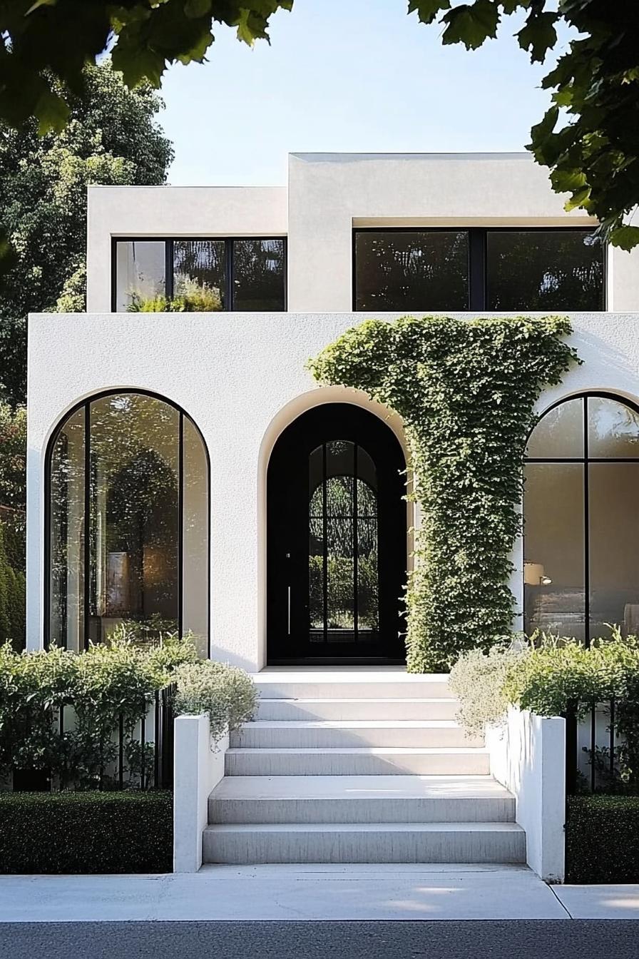 modern concrete villa with white stucco siding front arched windows and entryway vines on arches large modern windows in black trim front concrete 4