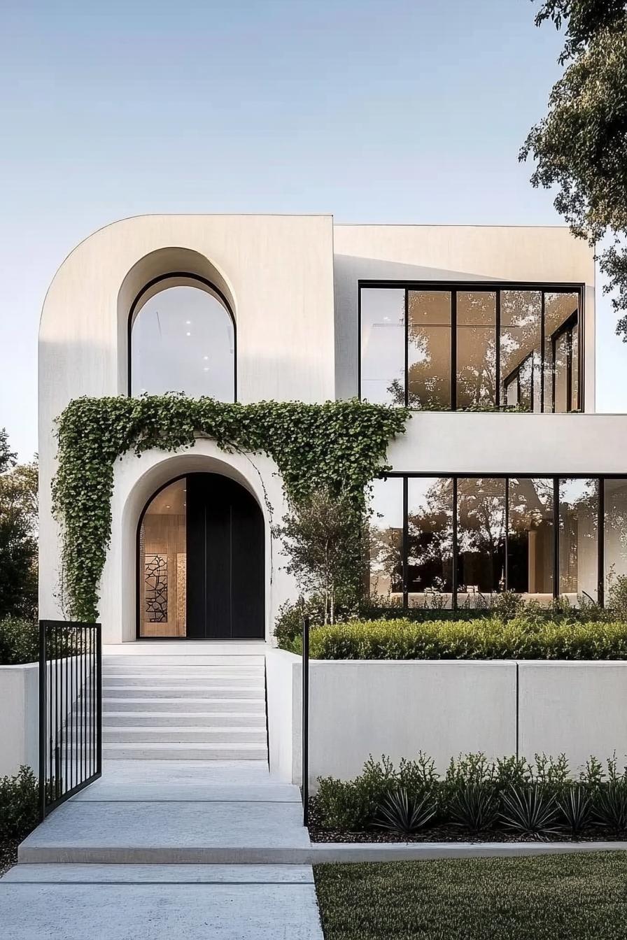 modern concrete villa with white stucco siding front arched windows and entryway vines on arches large modern windows in black trim front concrete 5