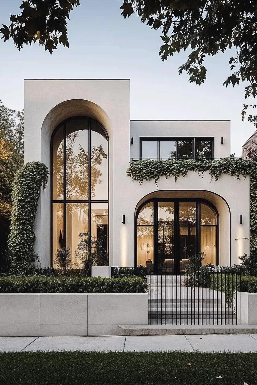 modern concrete villa with white stucco siding front arched windows and entryway vines on arches large modern windows in black trim front concrete 6