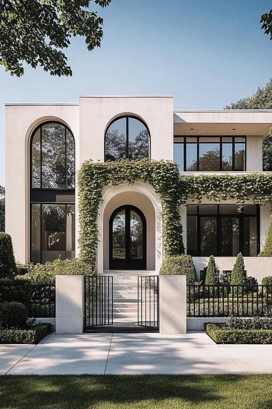 modern concrete villa with white stucco siding front arched windows and entryway vines on arches large modern windows in black trim front concrete 7