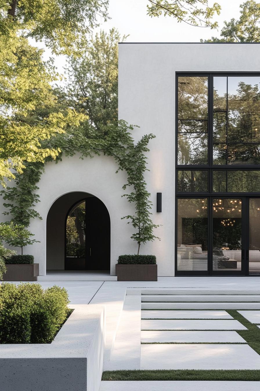 modern concrete villa with white stucco siding front arched windows and entryway vines on arches large modern windows in black trim front concrete