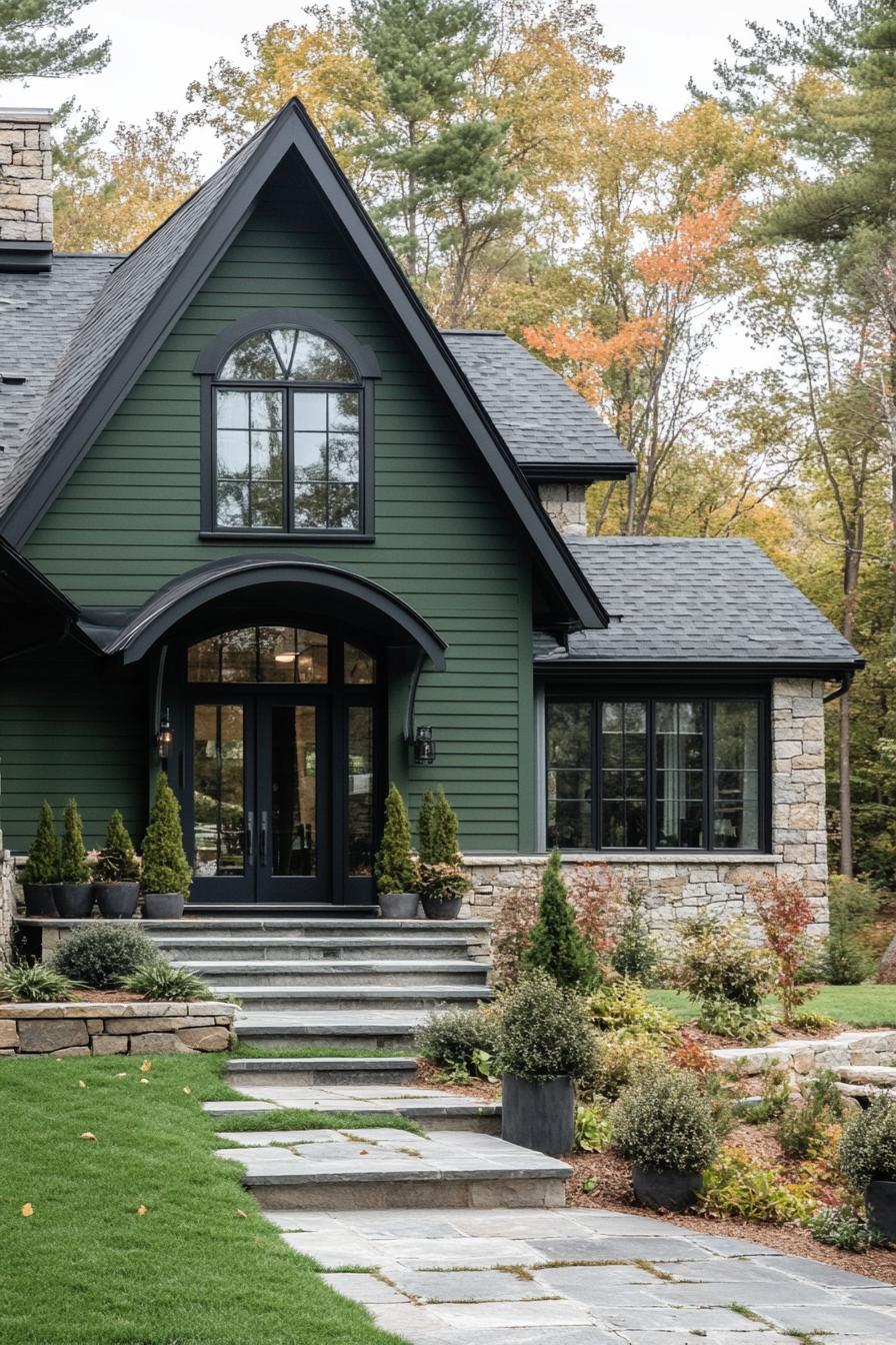 modern cottage with forest green siding stone foundation stone grey multi pitched roof white large windows with mouldings arched entry with steps 1