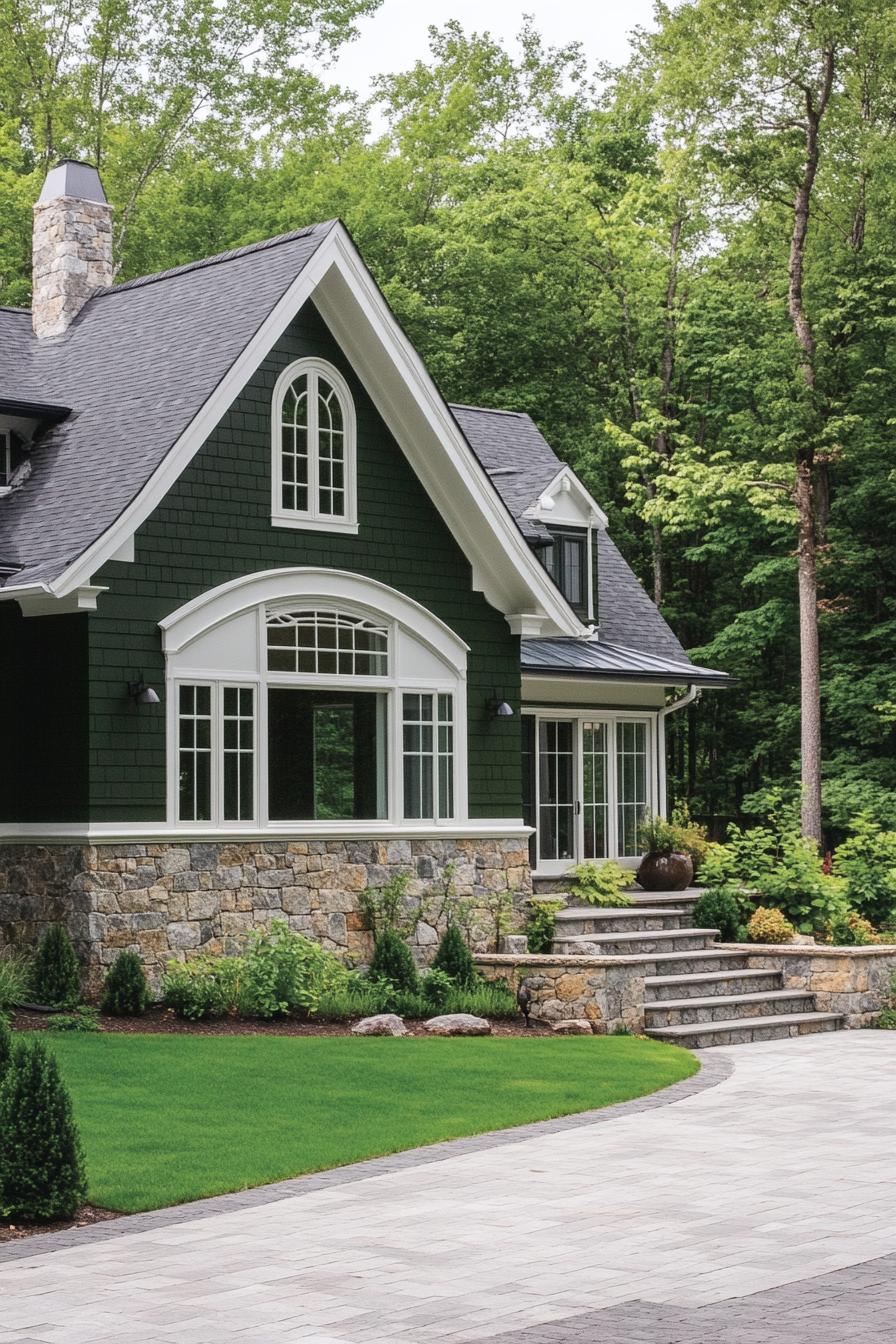 modern cottage with forest green siding stone foundation stone grey multi pitched roof white large windows with mouldings arched entry with steps 2