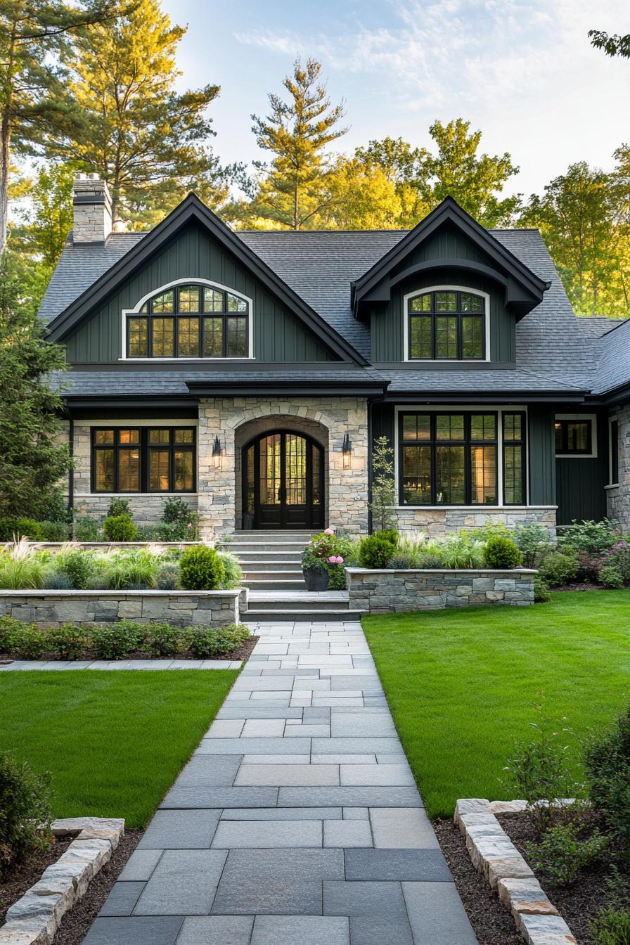 modern cottage with forest green siding stone foundation stone grey multi pitched roof white large windows with mouldings arched entry with steps 3