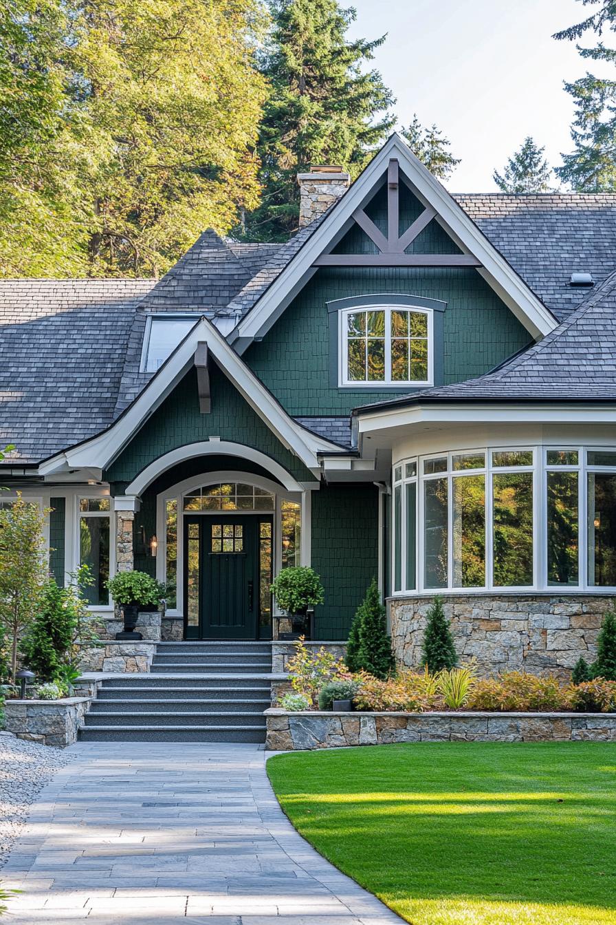 modern cottage with forest green siding stone foundation stone grey multi pitched roof white large windows with mouldings arched entry with steps