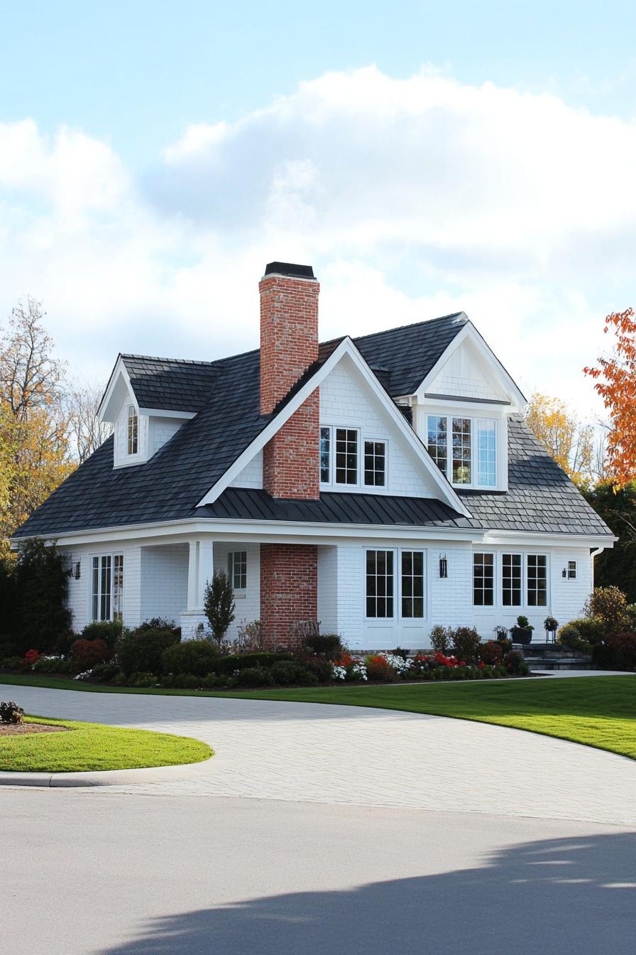 modern european cottage house with white brick siding red brick accents stone grey shingle roof with multi pitched gables brick chimney white trim 1