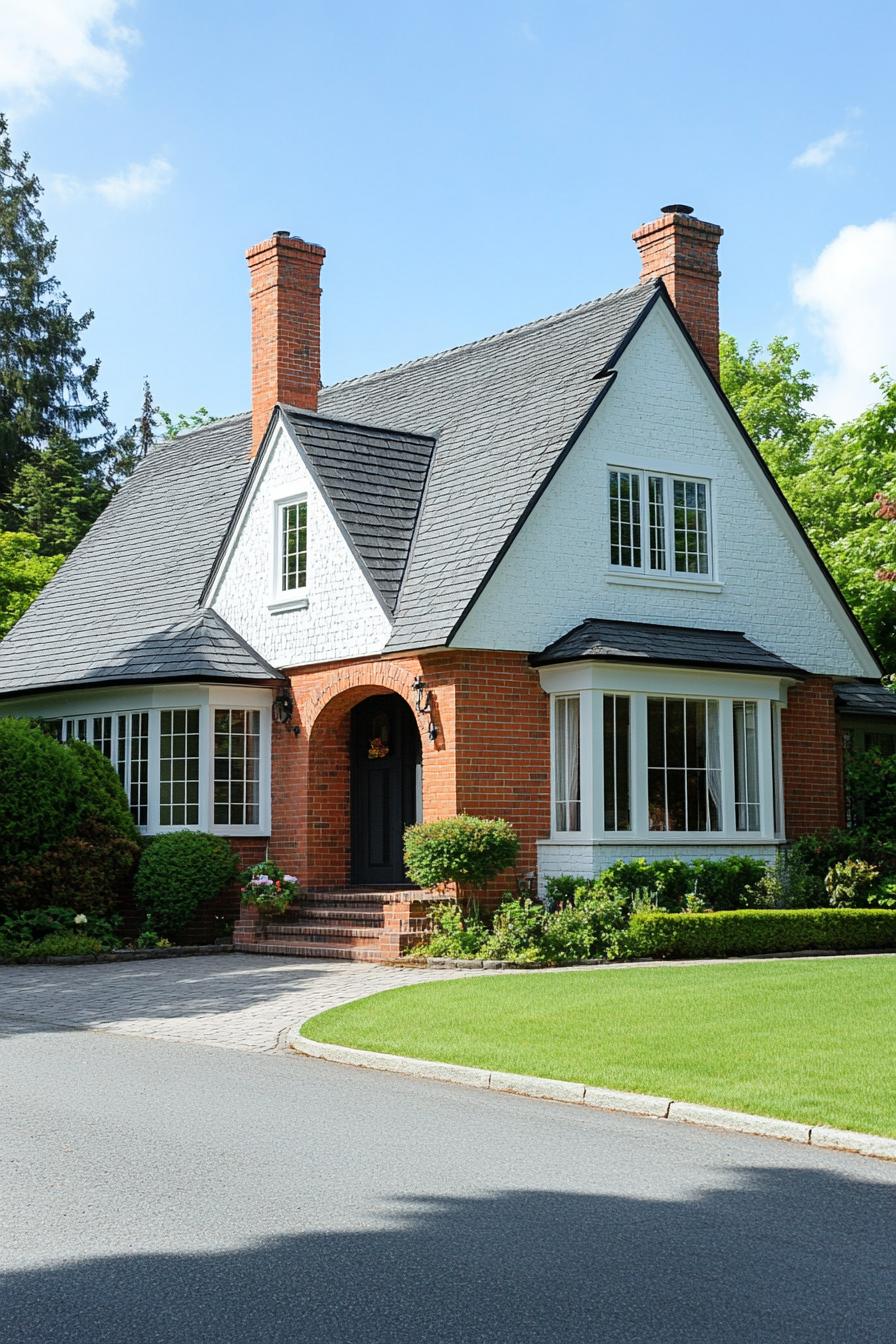 modern european cottage house with white brick siding red brick accents stone grey shingle roof with multi pitched gables brick chimney white trim 2