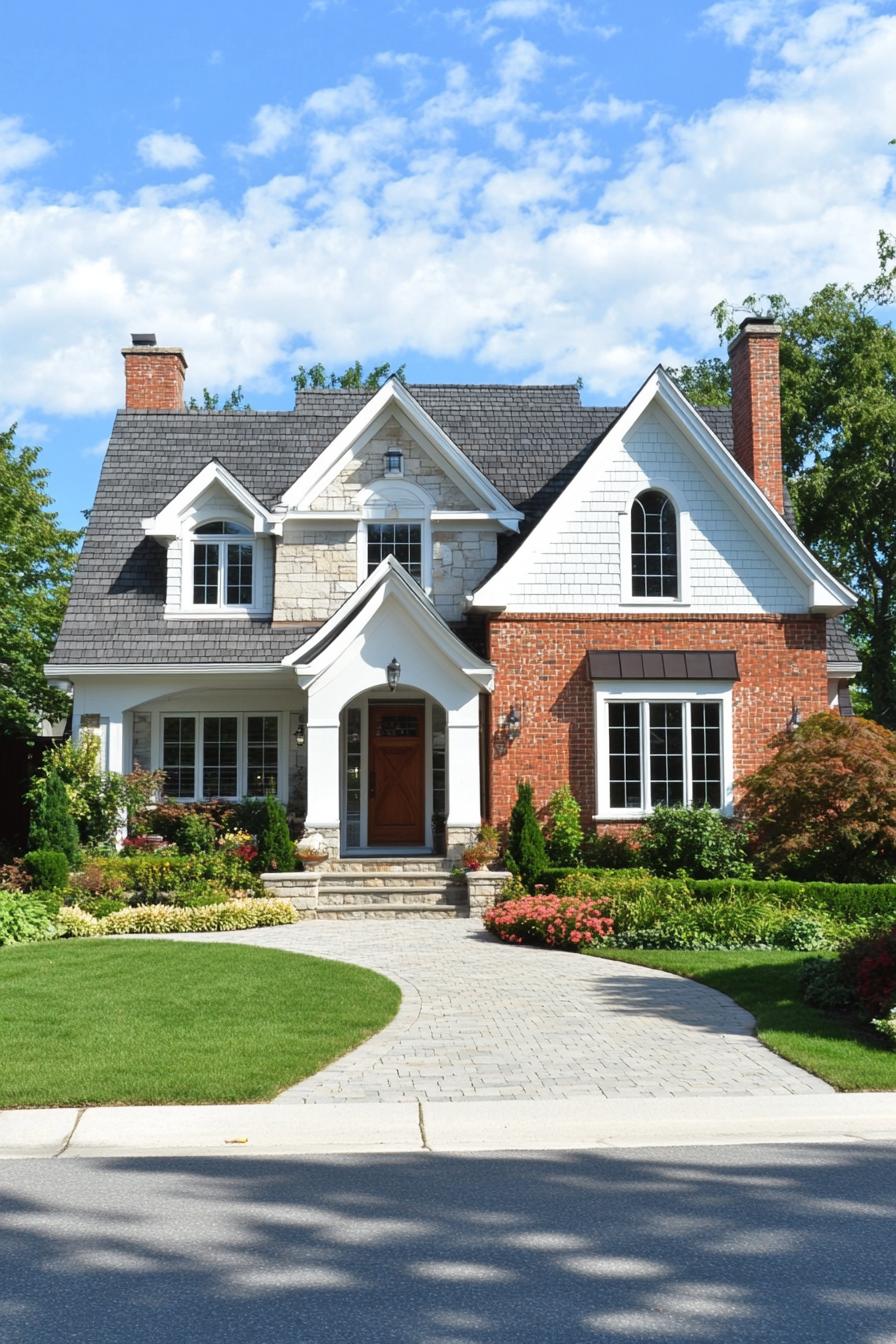 modern european cottage house with white brick siding red brick accents stone grey shingle roof with multi pitched gables brick chimney white trim 3