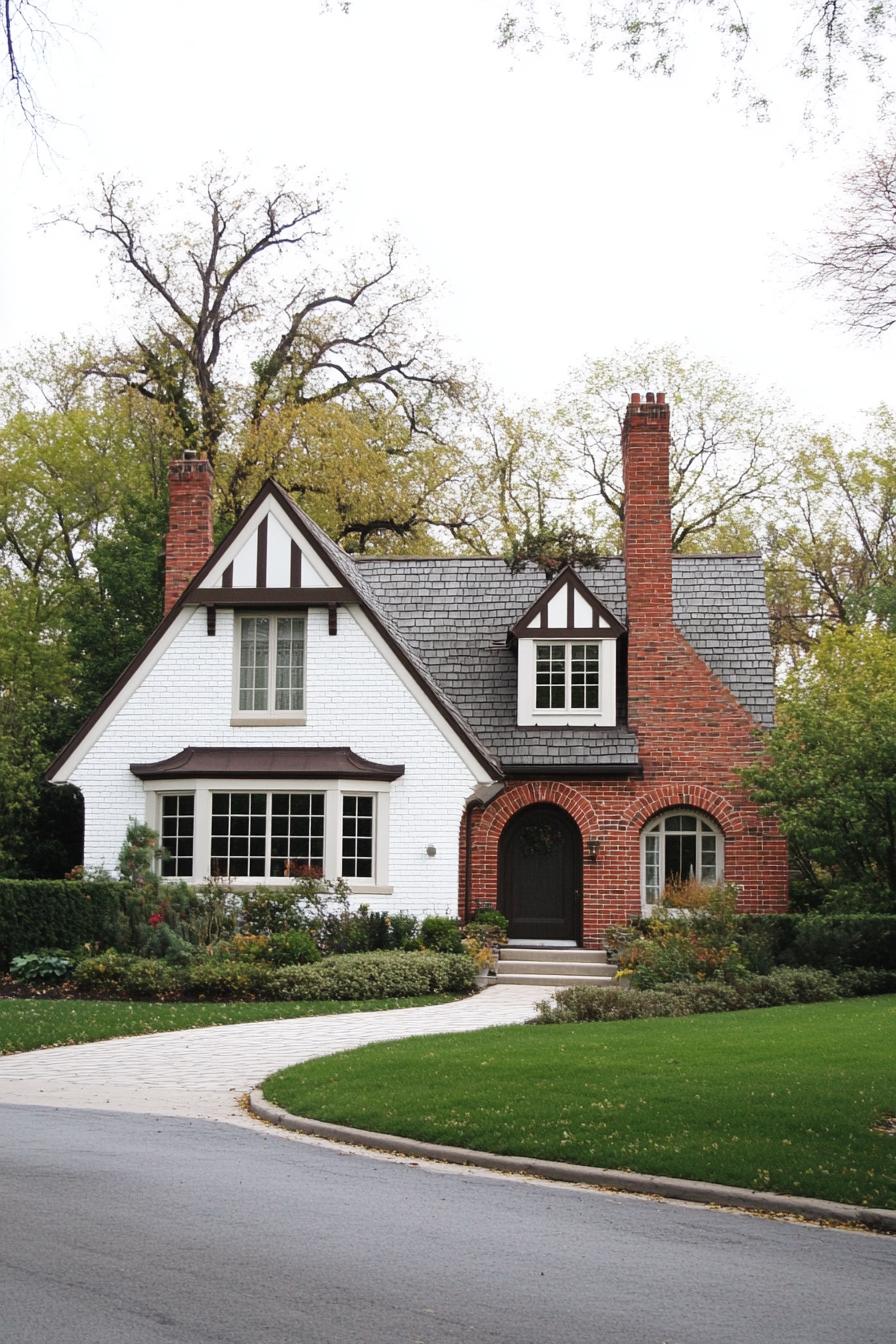 modern european cottage house with white brick siding red brick accents stone grey shingle roof with multi pitched gables brick chimney white trim