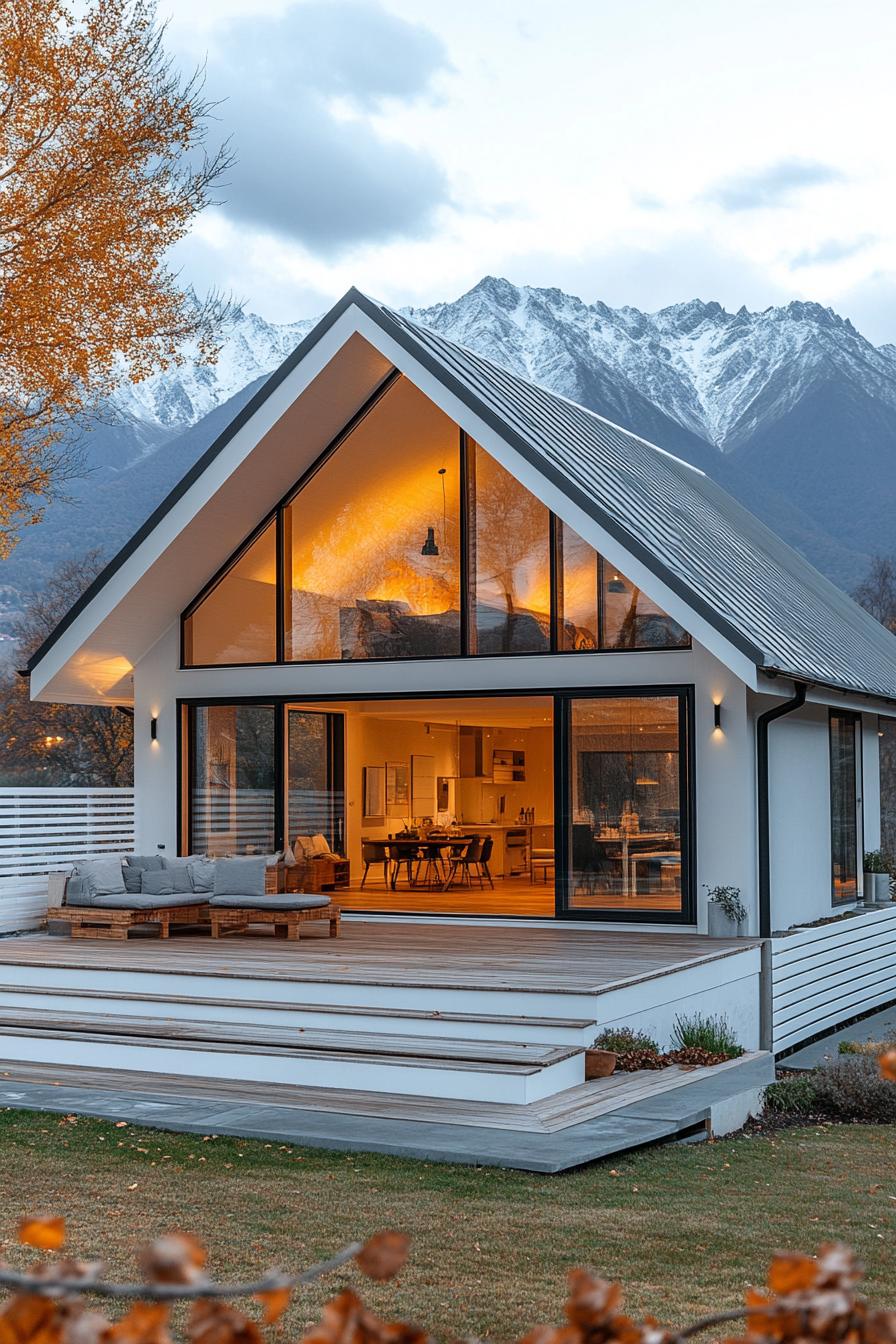 Modern A-frame house with mountain backdrop