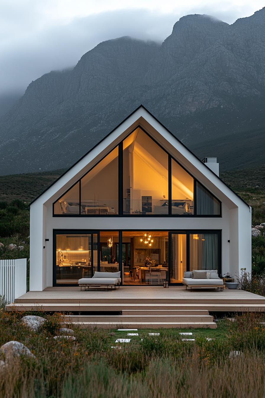 Contemporary A-frame house with mountain backdrop