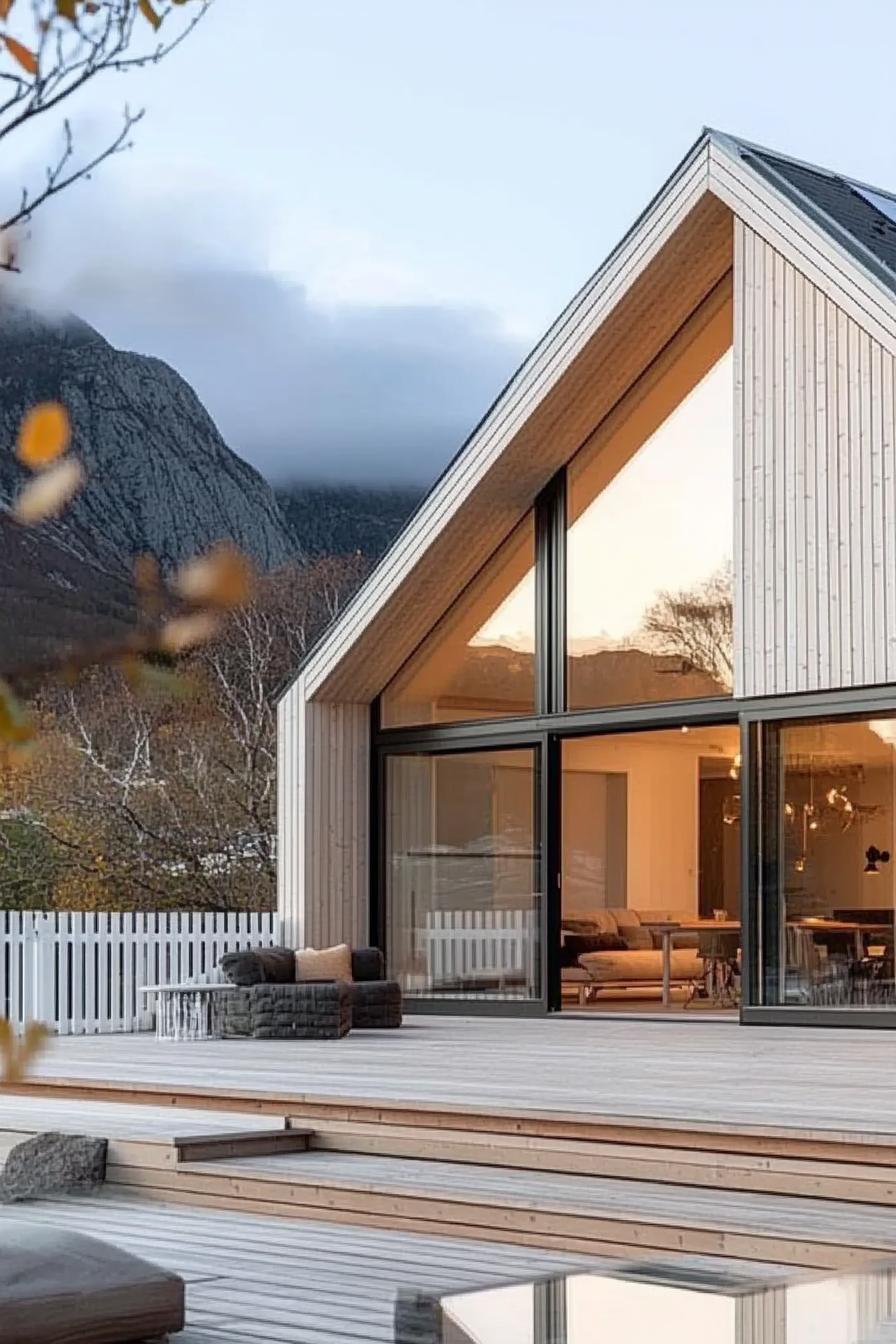 A-frame house with large glass doors and mountain backdrop