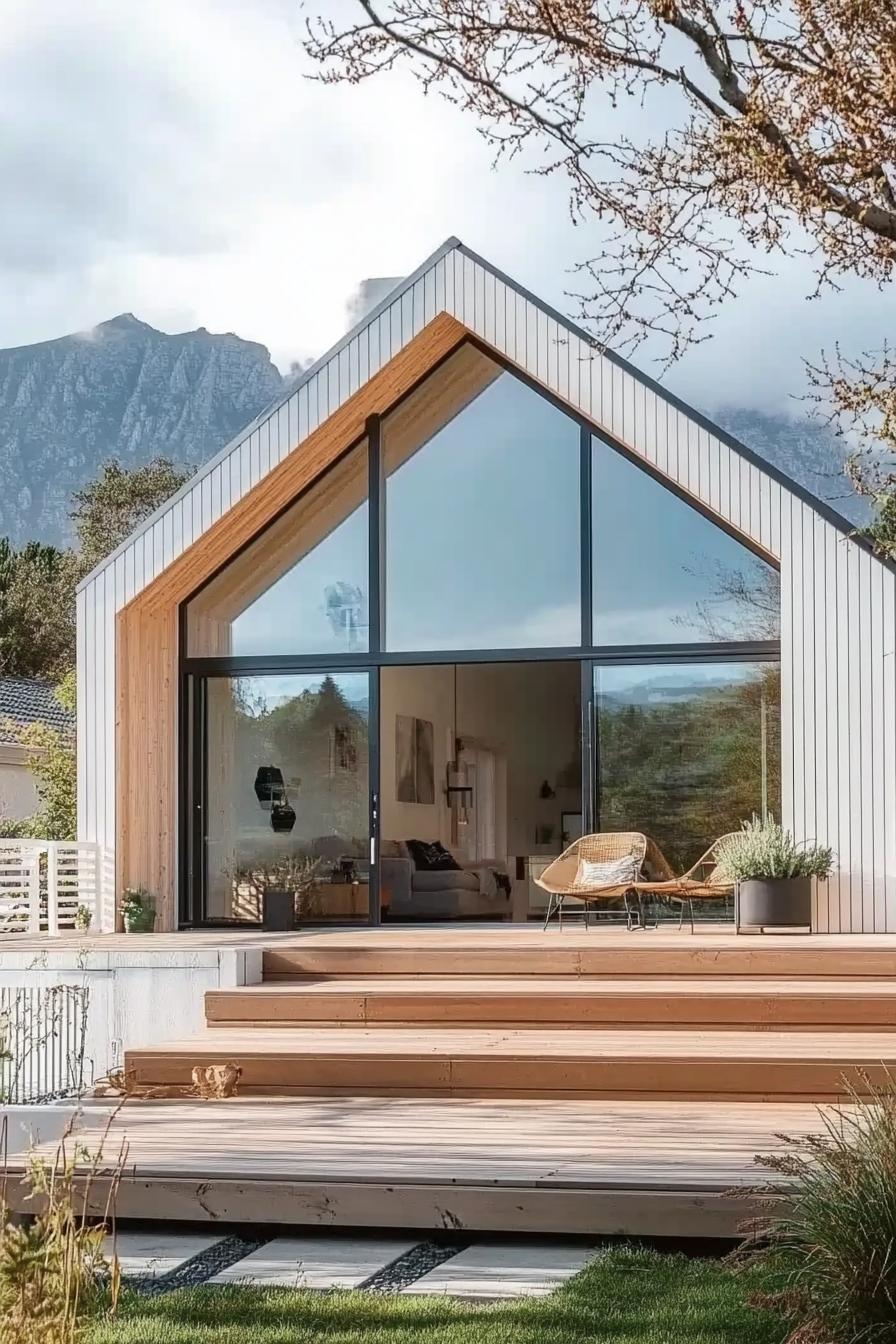 Gabled house with large glass front and wooden steps