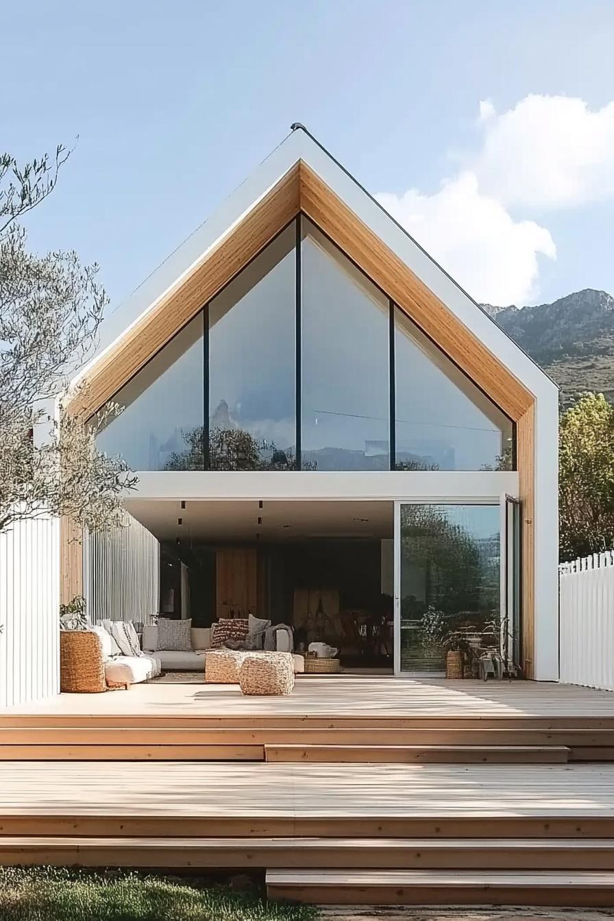 A-Frame house with large windows and wooden deck