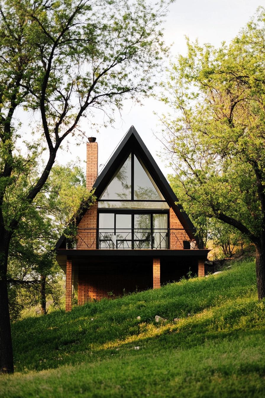 modern geometric cabin house on a steep green hillside slope supported on brick columns it has geometric a frame roof a balcony modern windows the