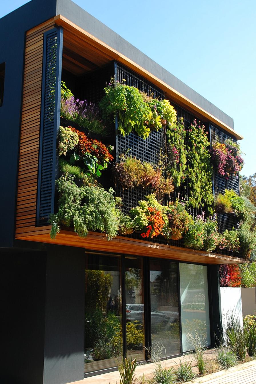 Modern building facade with lush vertical garden