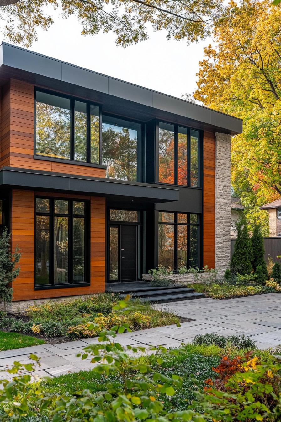 modern house with multi shade timber cladding large modern windows with black trim paved yard with geometric shrubs 1