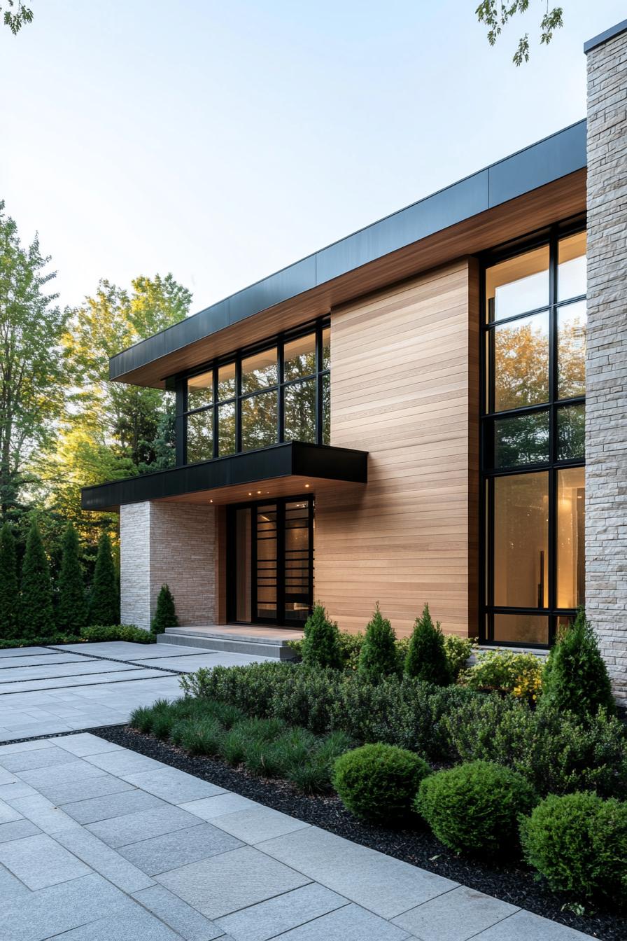 modern house with multi shade timber cladding large modern windows with black trim paved yard with geometric shrubs 2