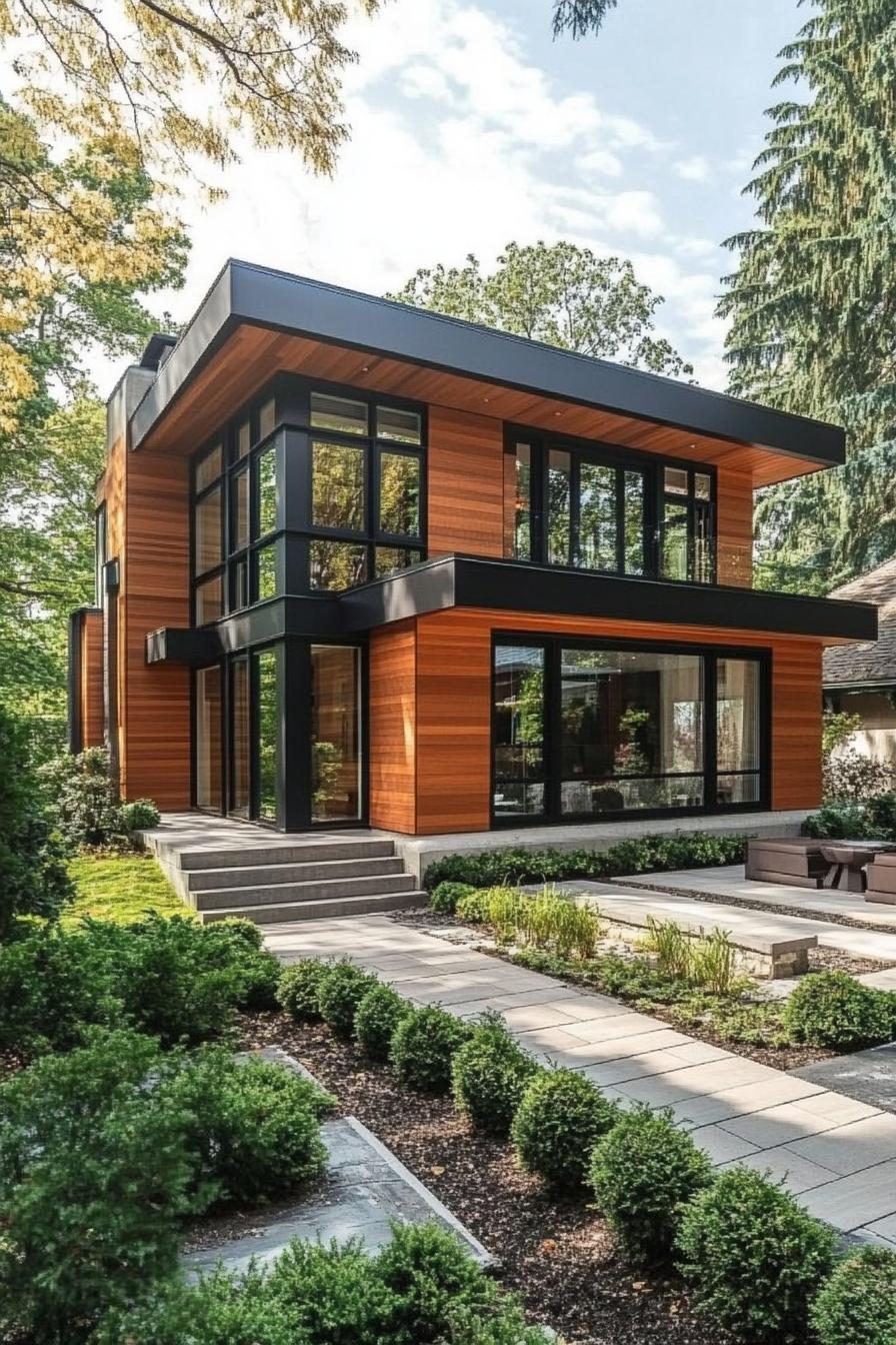 modern house with multi shade timber cladding large modern windows with black trim paved yard with geometric shrubs 3