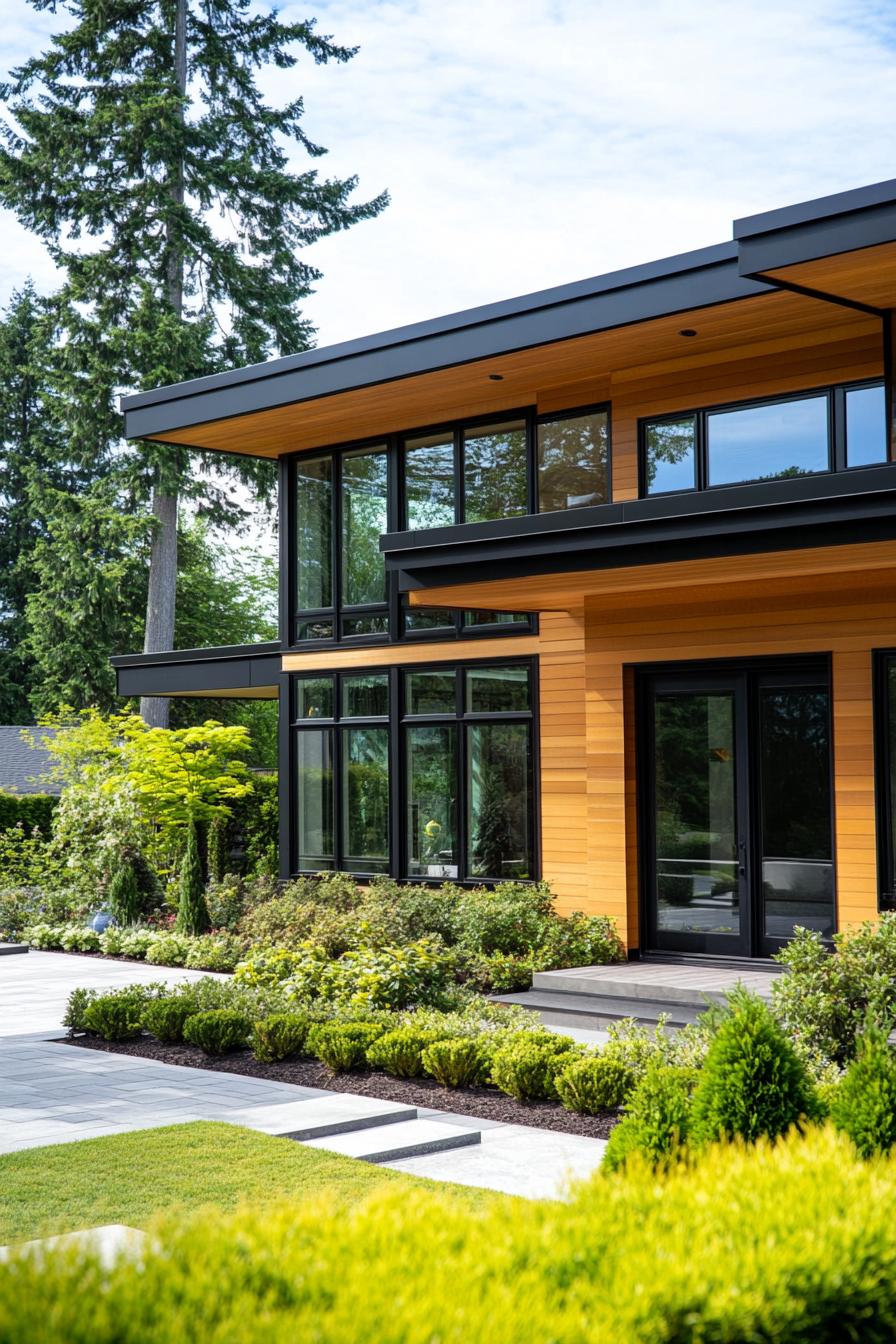 modern house with multi shade timber cladding large modern windows with black trim paved yard with geometric shrubs