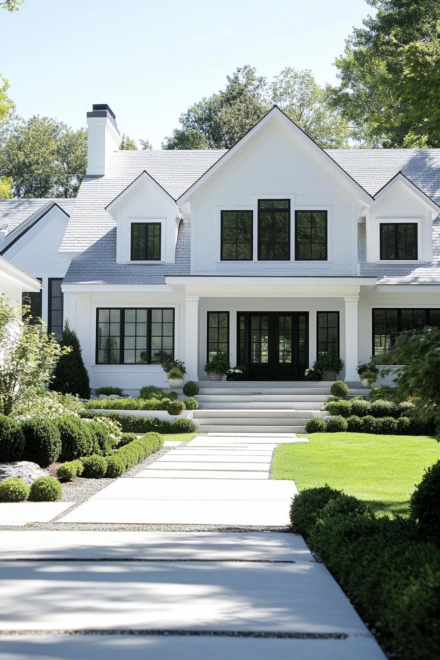 modern large white cottage house with white multi pitched roof with gables modern black windows white doors front yard with geometric shrub 1