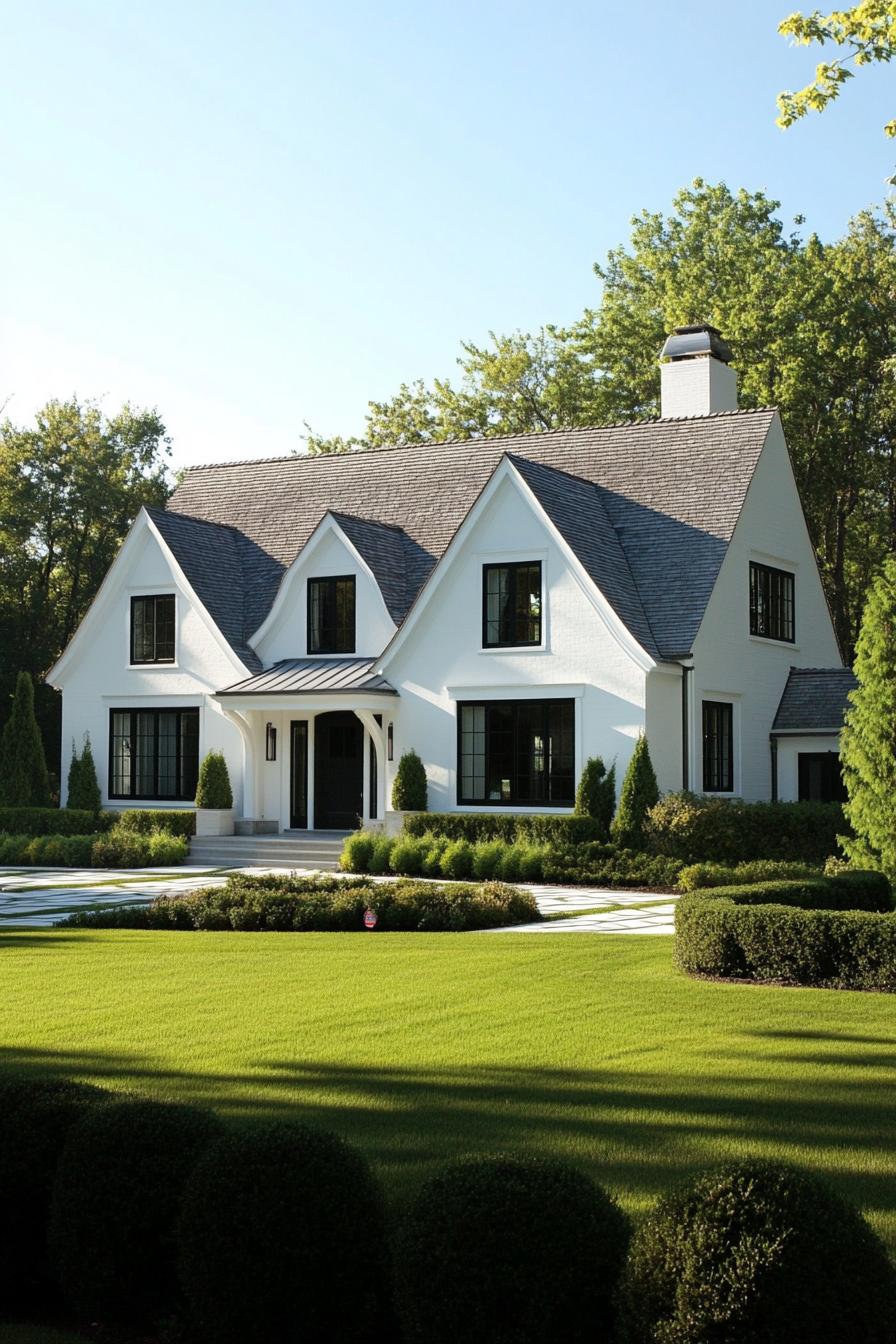 modern large white cottage house with white multi pitched roof with gables modern black windows white doors front yard with geometric shrub 2