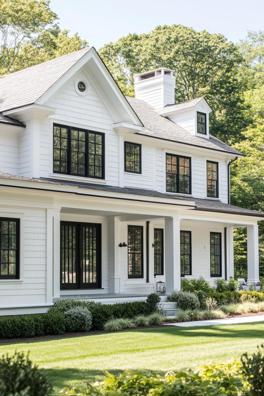 modern large white cottage house with white multi pitched roof with gables modern black windows white doors front yard with geometric shrub 3