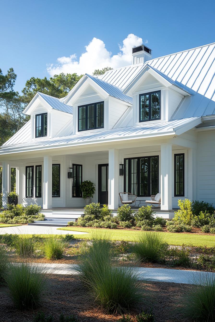 modern large white cottage house with white multi pitched roof with gables modern black windows white doors front yard with geometric shrub