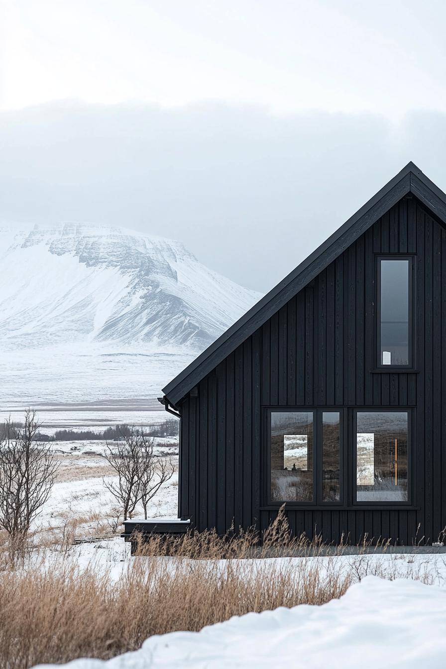 Black barn house with mountain backdrop