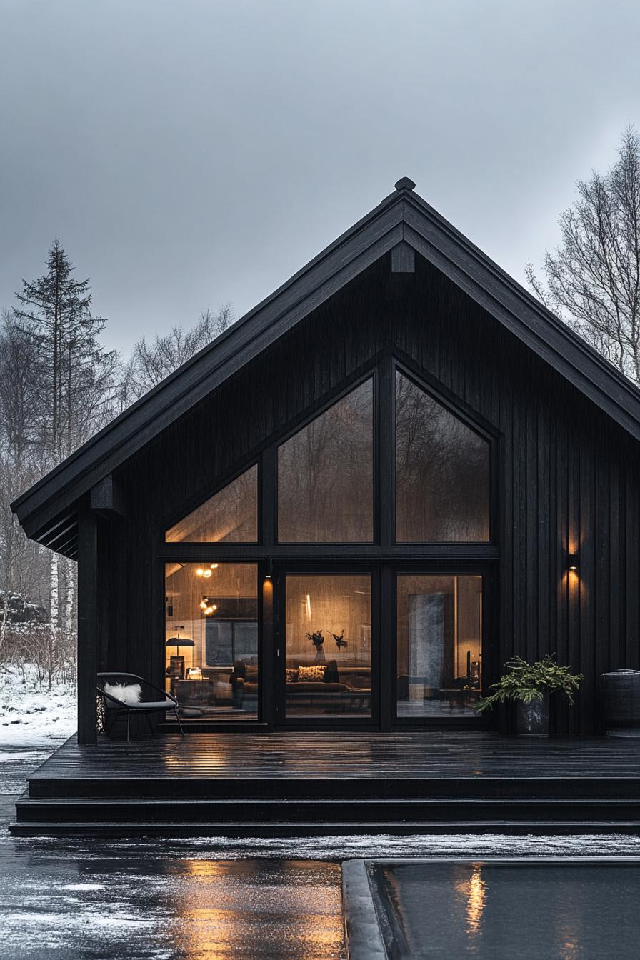 Modern barn with large windows and dark wood exterior in a snowy setting