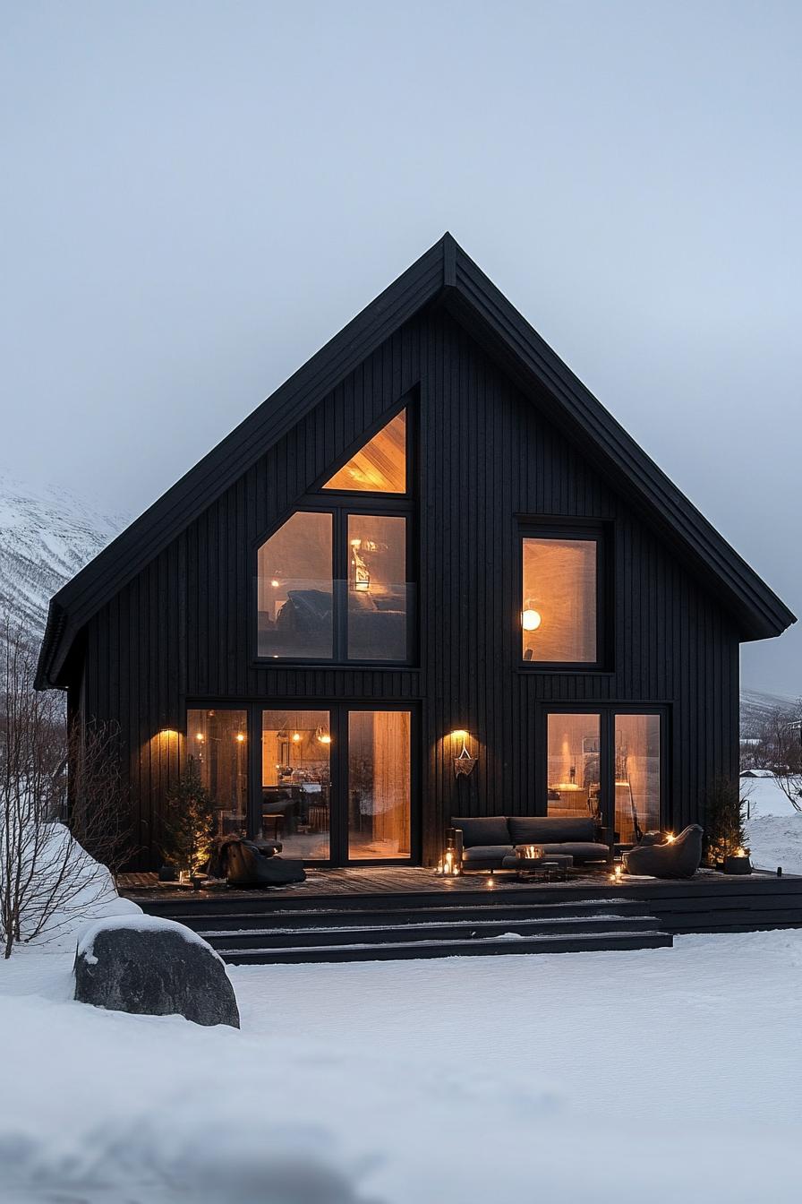 Cozy black cabin with warm glowing windows in the snow