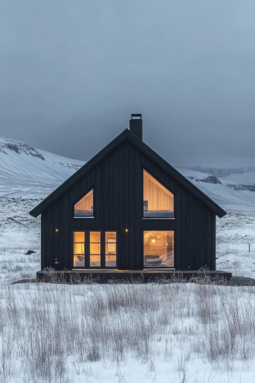 Cozy A-Frame cabin in snowy landscape