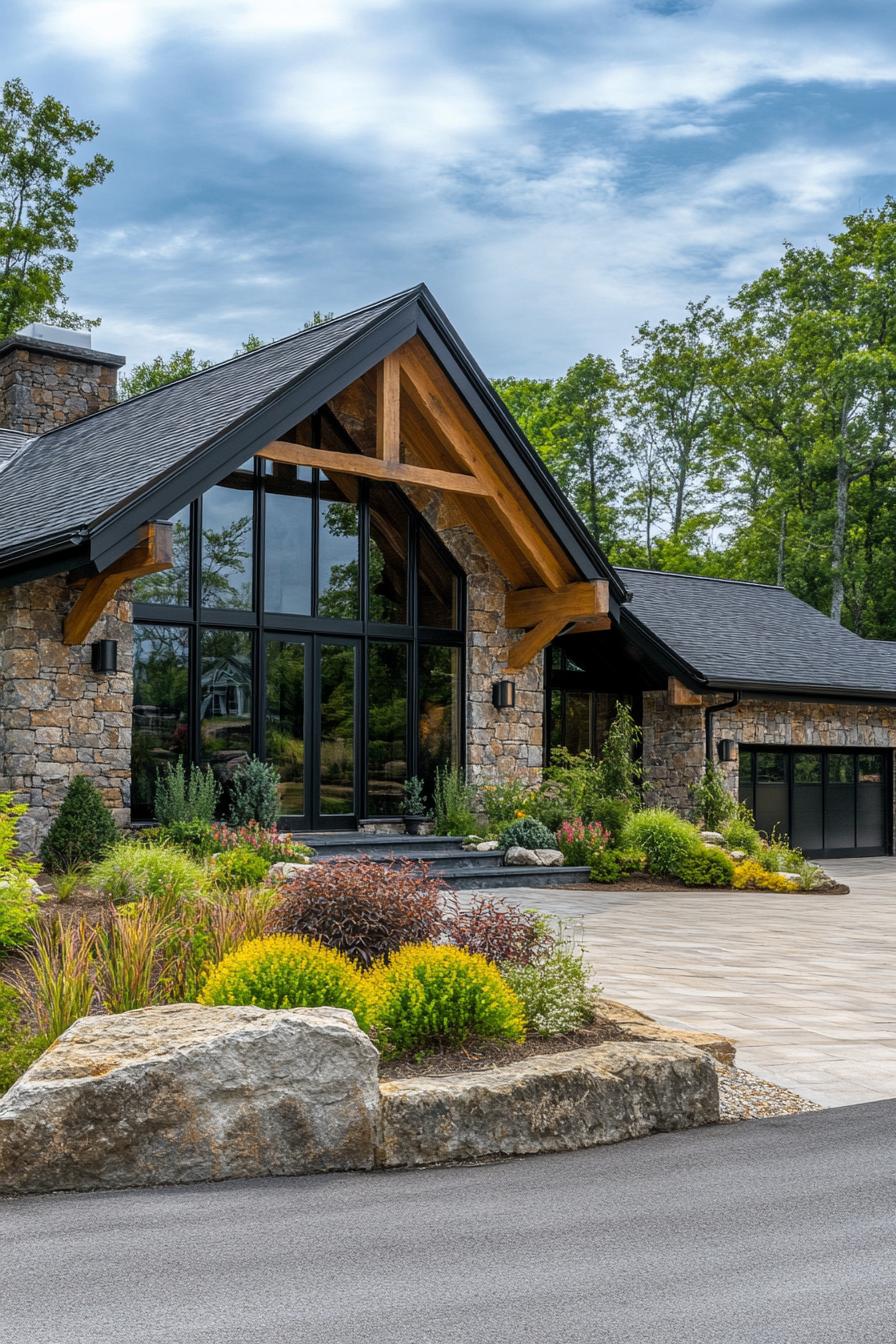 Contemporary stone house with large windows