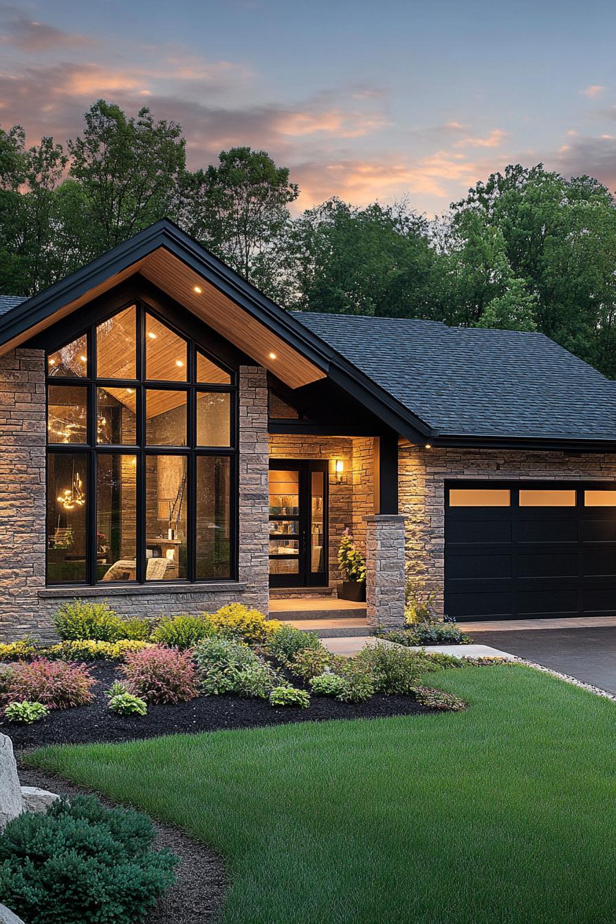 Modern one-story house with large windows and a tidy lawn