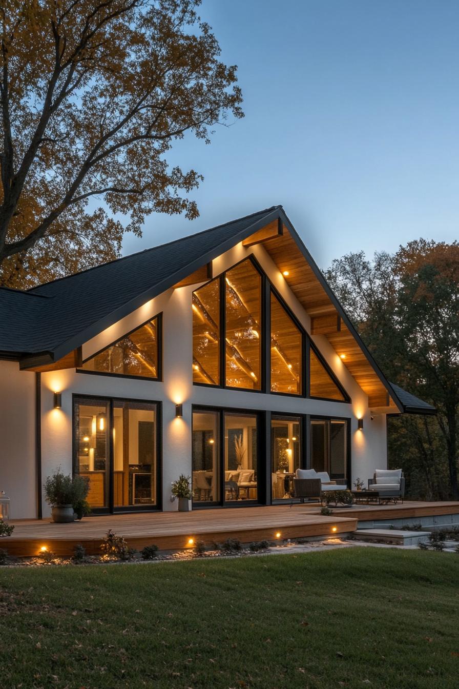 modern one story house with full wall windows white stucco siding wood accents large eaves with LED lighting large porch beautiful farmland