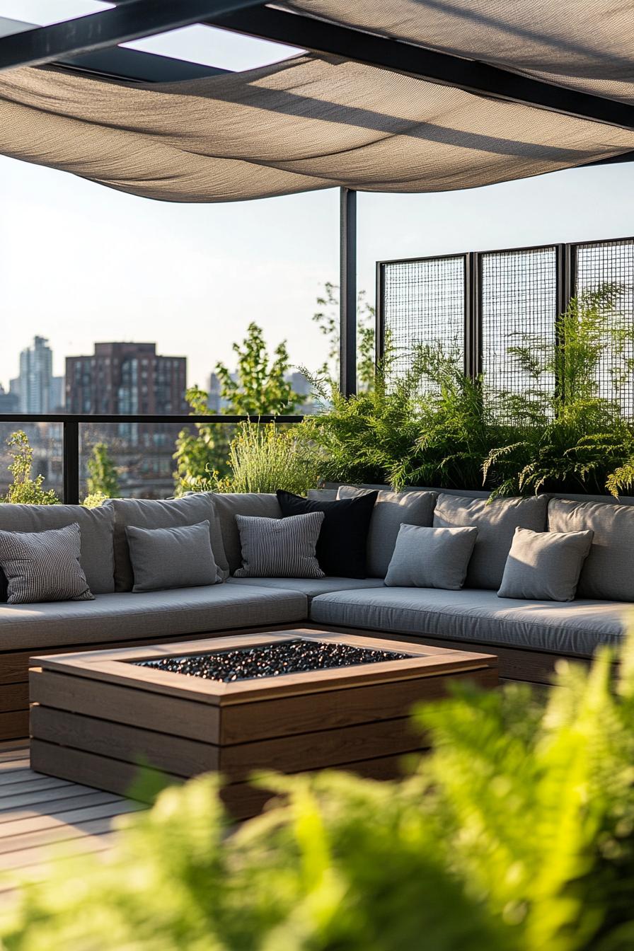 modern rooftop terrrace with sectional cushioned sofa raised wooden deck with gas firepit metal frame and glass screen fabric shade planted fern 1