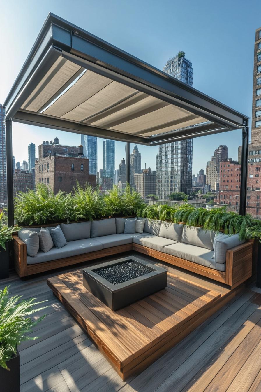 modern rooftop terrrace with sectional cushioned sofa raised wooden deck with gas firepit metal frame and glass screen fabric shade planted fern 2