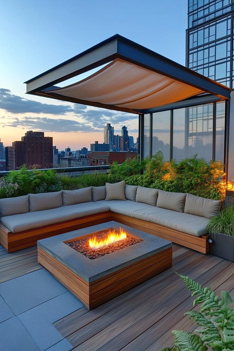 modern rooftop terrrace with sectional cushioned sofa raised wooden deck with gas firepit metal frame and glass screen fabric shade planted fern 3