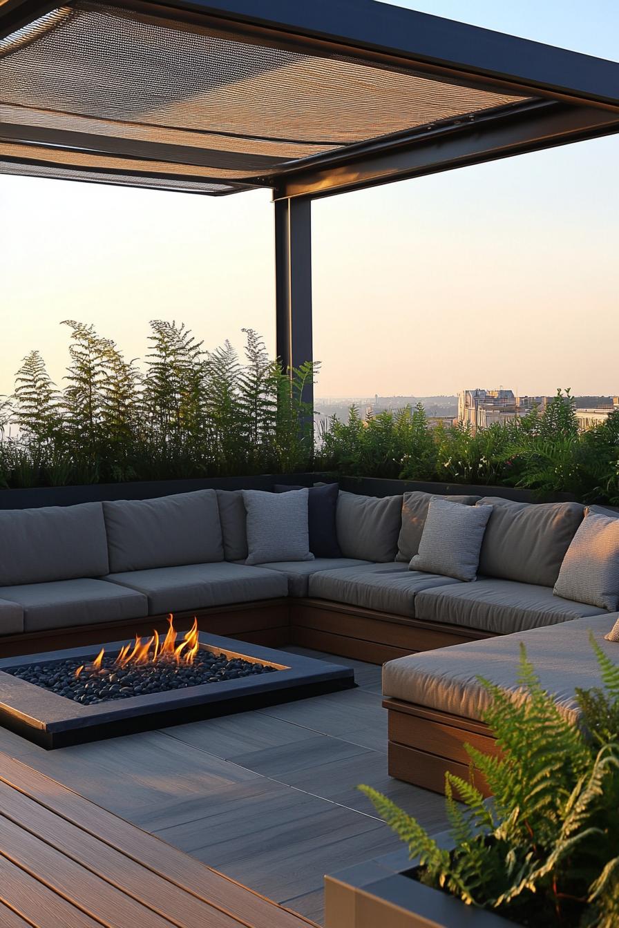 modern rooftop terrrace with sectional cushioned sofa raised wooden deck with gas firepit metal frame and glass screen fabric shade planted fern