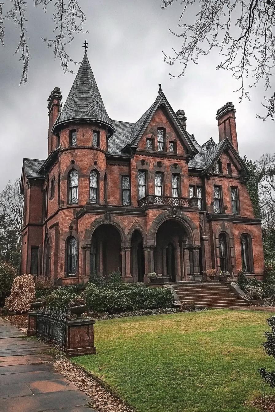 restored red brick manor gothic style vampire house with arches and turrets front lawn overcast weather 1