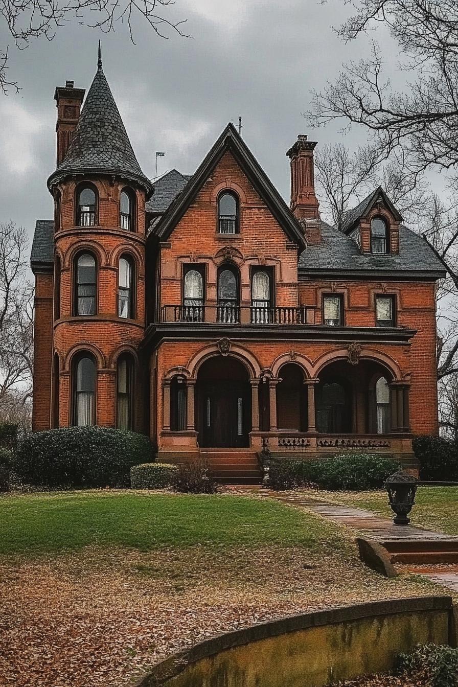 restored red brick manor gothic style vampire house with arches and turrets front lawn overcast weather