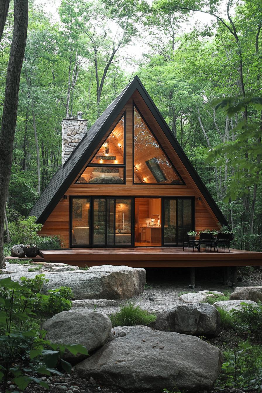 A-Frame cabin nestled in the forest, featuring glass and wood elements