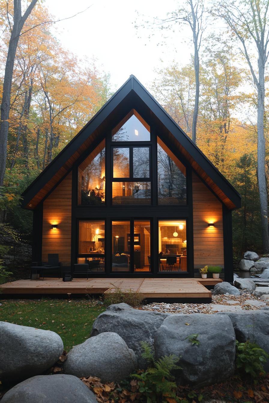 Modern A-frame cabin with large windows and wooden deck in autumn forest