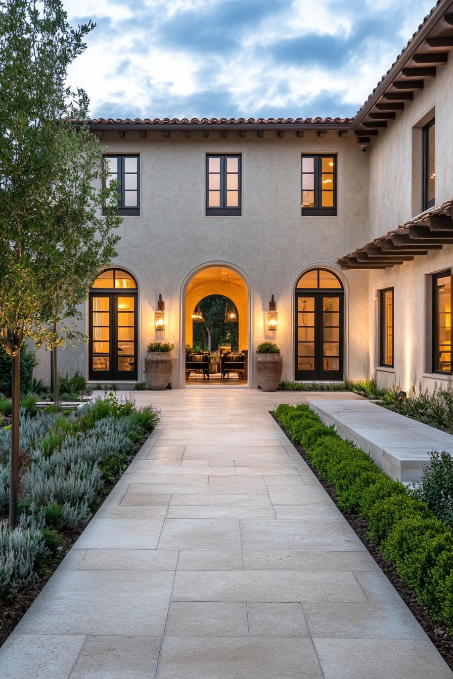 spanish style house courtyard polished limestone facade large tile arches shrubs outdoor lamp fixtures modern windows path LED lighting 1